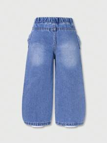 SHEIN Wildeya Young Girl All-Match Casual Cute Bow Embroidered Pocket Relaxed Straight Leg Washed Denim Jeans, Suitable For Daily Wear