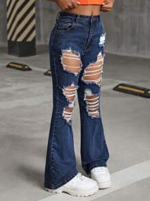 SHEIN Tween Girl Y2K Solid Washed Ripped Flared Denim Jeans, Fall Clothes Back To School Streetwear - Dark Wash - View 3