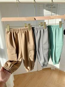 SHEIN Leap Crew 3 件套男女通用婴儿/幼儿工装口袋松紧腰踝带裤套装，适合秋冬季运动、居家、上学的休闲装