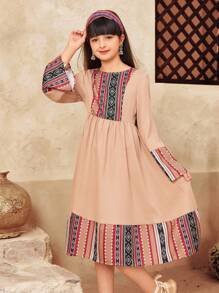 SHEIN Tween Girl Spring & Summer Casual Vacation Retro Stripes & Geometric Retro Print Patchwork Flare Sleeve Ruched Hem Long Dress - Khaki - View 4