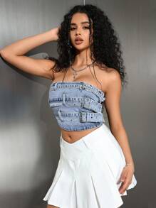 SHEIN EZwear Women's Fashionable Snap Closure Design Denim Tube Top - Blue - View 6