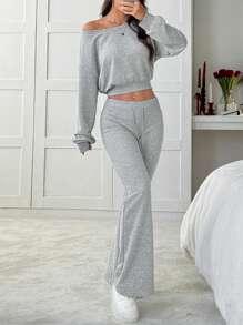 SHEIN EZwear 2pcs/Set Women Grey Asymmetrical Shoulder Sweatshirt & Flared Sweatpants - Light Grey - View 5