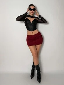 EgrlEra 2 件女士性感派对套装：网眼镂空细肩带上衣 + 深 V 领吊带背心 - 黑色 - 查看 5