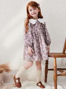 Blossori 年轻女孩法式优雅卡其色碎花宽松大领连衣裙，秋冬 - 彩色 - 查看 4