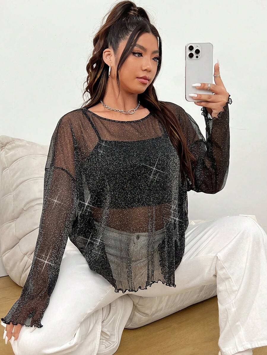 SHEIN EZwear Plus Lettuce Trim Drop Shoulder Mesh Top Without Cami Top