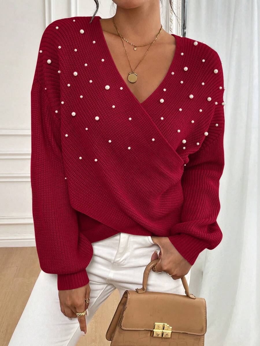 SHEIN Clasi Women's Front Overlapping Design Pearl Decoration V-Neck Sweater Pullover Sweater,Parties, Music Festivals, Home Wear, Back-To-School Events, Gifting, And Shopping.Sexy Women Tops,Winter Women Dress,Elegant Women Dresses,Going Out Tops,Off Shoulder,Sexy Women Outfits,Fall Sweaters