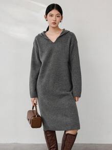 Dazy-Less 女士宽松纯色连帽中长款直筒针织毛衣连衣裙，秋季服装