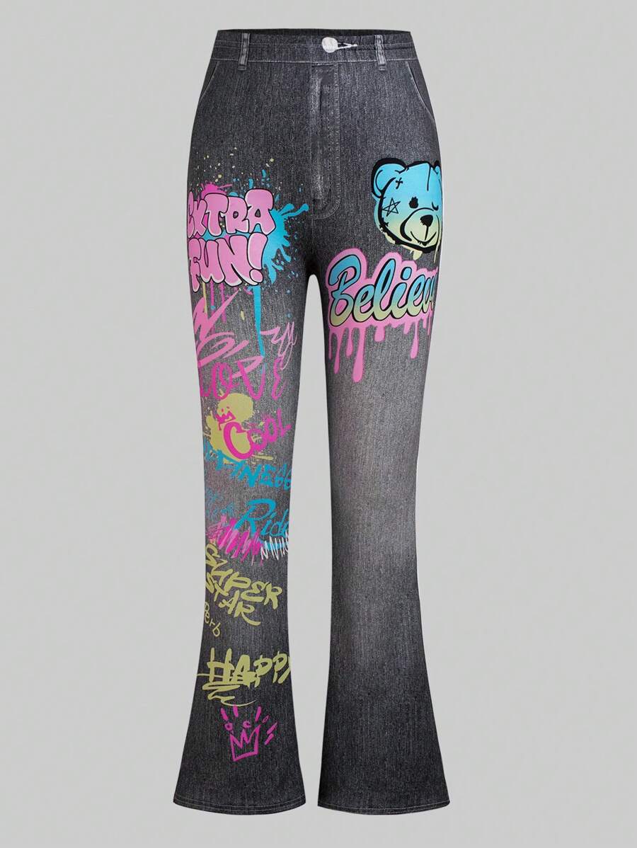 大码青少年女孩时尚字母图案牛仔喇叭裤，舒适长款紧身裤 - 灰色 - 查看 1