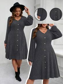 EMERY ROSE 大码女式灯笼袖纹理纽扣装饰中长连衣裙，秋季女装