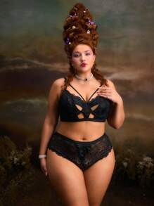 Retro Palace Style 2pcs/Set Plus Size Bralette With Lace Up Front, Wireless Bra Set, Comfortable - Black - View 3