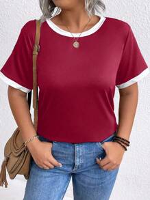 Plus Size Solid Color Patchwork Round Neck Short Sleeve Casual Top, Everyday Wear For Summer - Multicolor - View 5