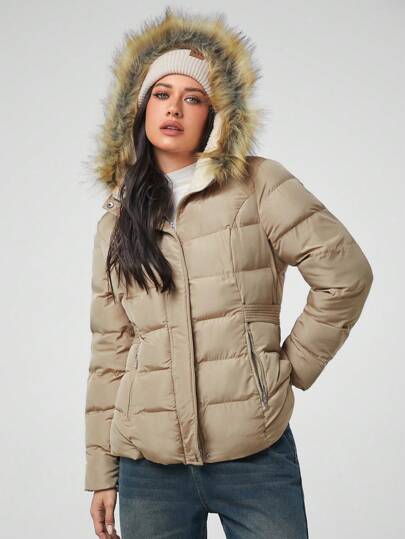 Easelle Women Fur Trim Front Zipper Long Sleeve Pocket Casual Hooded Winter Coat