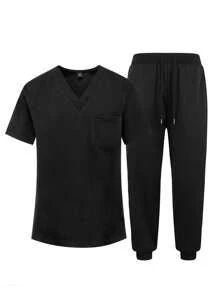 Manfinity Homme 男式纯色 V 领短袖上衣和抽绳裤医疗服务 2 件套 - 黑色 - 查看 6