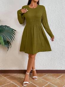 SHEIN VCAY Vestido de punto texturizado de manga larga, cuello redondo y unicolor, talla grande