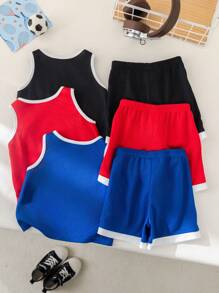 SHEIN Conjunto de 6 piezas de ropa deportiva casual adorable para bebé niño, incluye camiseta de tirantes con estampado de letras y pantalones cortos de cintura elástica, adecuado para el hogar, actividades al aire libre, deportes, y guardería