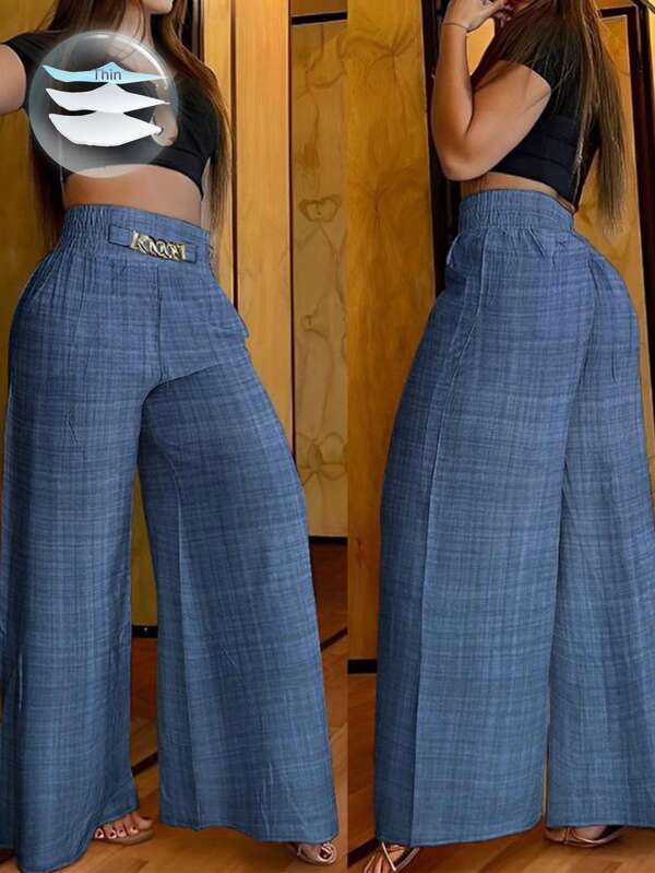 SHEIN LUNE Pantalones de talla grande de unicolor con pierna ancha para vacaciones y uso diario
