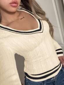 SHEIN EZwear Women Casual Contrast Trim Fitted Knit Sweater, Autumn/Winter