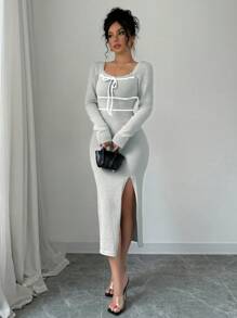 Chiquease Nuovo abito-maglia elegante e sexy, con scollo quadrato, orlo con spacco, effetto snellente, con laccetto, per donna