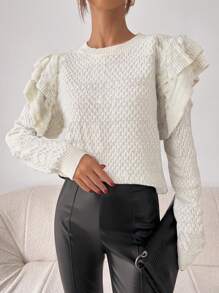 Chiquease Solid Color Pullover Sweater, Long Sleeve, Casual & Simple Style For Daily Wear Knit Pullover Fall Winter Sweater - Beige - View 3