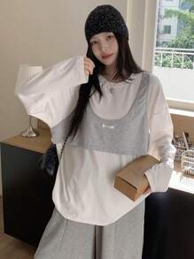 DAZY Women Casual Round Neck Loose 2 In 1 Long Sleeve T-Shirt