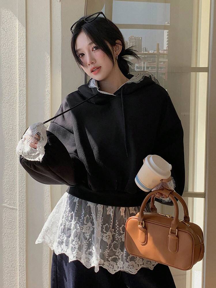 Women's Lace Patchwork Long Sleeve Simple Hooded Sweatshirt, Casual Everyday Wear,Fall Clothes