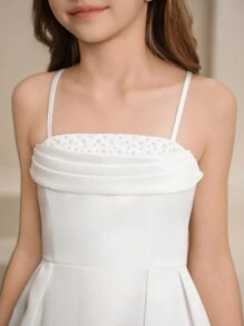 少女白色缎面编织吊带露背电脑串珠连衣裙，系带拉链高腰修身四季连衣裙，优雅返校礼服，公主裙，仙女裙 - 白色 - 查看 4