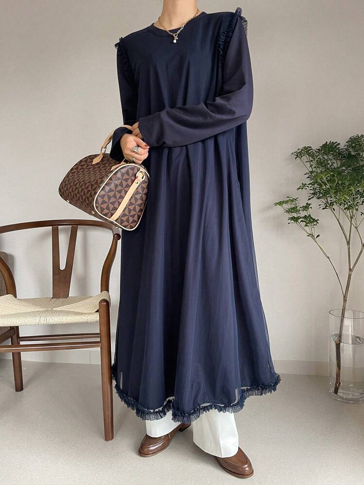 FRIFUL Vestido de mujer de longitud media con volantes, parches de tul y manga larga para otoño - Azul Marino - Añade 1