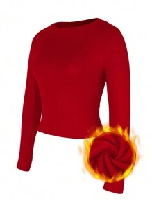 INAWLY Women's Solid Color Round Neck Long Sleeve Fitted Casual T-Shirt, Thermal Lined For Autumn/Winter - Red - View 5