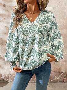 SHEIN Clasi Damen Grün Blumenmuster V-Ausschnitt Langarm Loose Bluse, Herbst Langarm Top Urlaubsoutfit Frauen Langarmhemd - Grün - Übersicht 3