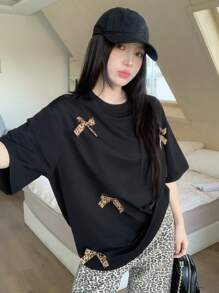 DAZY Women's Round Neck Leopard Print Bow Short Sleeve T-Shirt Summer Cute Tops - Black - View 4