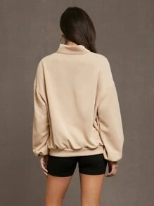 SHEIN Essnce 字母图案四分之一拉链落肩卫衣、秋冬长袖上衣 - 卡其色 - 查看 2