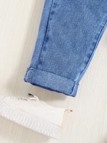 SHEIN Quần dài denim lưng thun co giãn đơn giản cho bé gái - Rửa trung bình - Xem 4