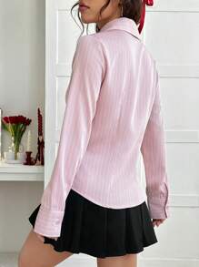 Muchica 女式前扣长袖条纹简约衬衫