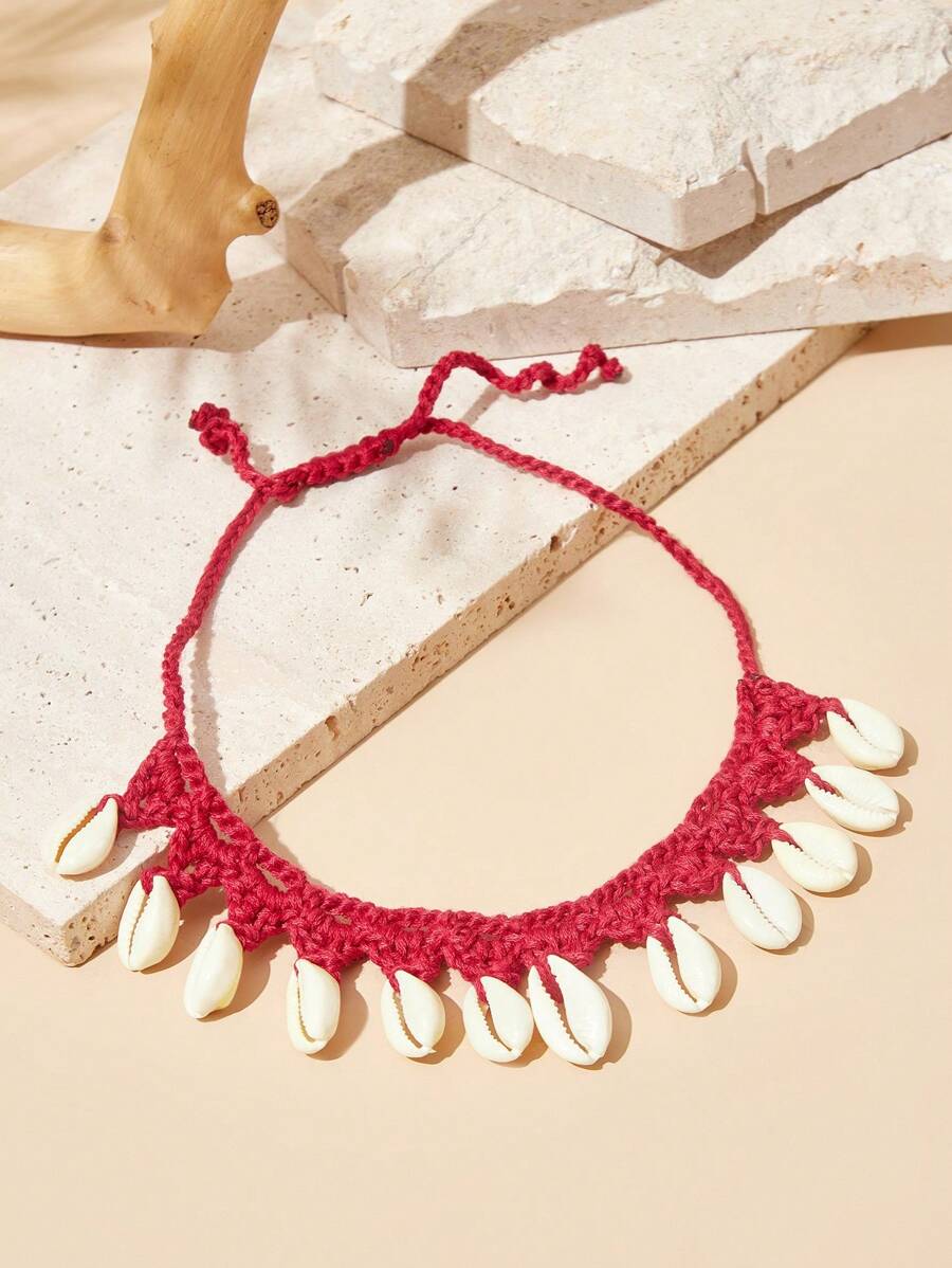 SHEIN VCAY 1 pieza Collar con colgante de concha, estilo retro de moda, adecuado para uso diario - Rojo - Ver 1