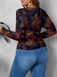 SHEIN LUNE Camiseta de manga larga de ajuste ceñido con cuello redondo y estampado de hojas de arce para mujer de talla grande, adecuada para otoño/invierno - Multicolor - Ver 2