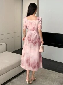 DAZY Đầm nữ dáng lửng tay phồng, họa tiết tie-dye màu nước, đầm thu tay dài họa tiết hoa. - Hồng - Xem 2