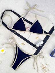 Swim Mod Traje de baño de mujer Primavera/Verano 2026, conjunto de bikini con tiras de espagueti, cuello halter, bloques de color azul y blanco, sexy, con lazos laterales y tanga para vacaciones