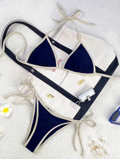 Swim Mod Traje de baño de mujer Primavera/Verano 2026, conjunto de bikini con tiras de espagueti, cuello halter, bloques de color azul y blanco, sexy, con lazos laterales y tanga para vacaciones