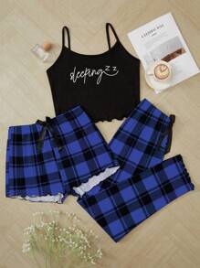 3pcs Set: Letter & Plaid Print Camisole Shorts And Pants - Multicolor - View 5