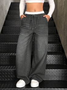 SHEIN Pantalones vaqueros de pernera ancha y suelta con diseño de rayas azules y blancas, en estilo casual de moda otoñal Y2K para adolescentes, con cintura contrastante y diseño 2 en 1