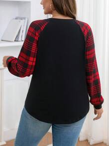 SHEIN LUNE SHEINLUNE Plus Size Women Christmas Valentine Party Casual Red Plaid Panel Sleeve T-Shirt, Everyday Wear, Long Sleeve Tops, New Years Women Outfit, Party,Spring