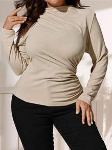 SHEIN Clasi 女式加大码高领褶皱修身保暖内衬长袖 T 恤，冬季 - 棕色 - 查看 6