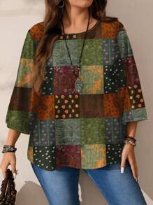 EMERY ROSE Blusa holgada de cuello redondo de manga 3/4 con estampado total, talla grande, para otoño/invierno