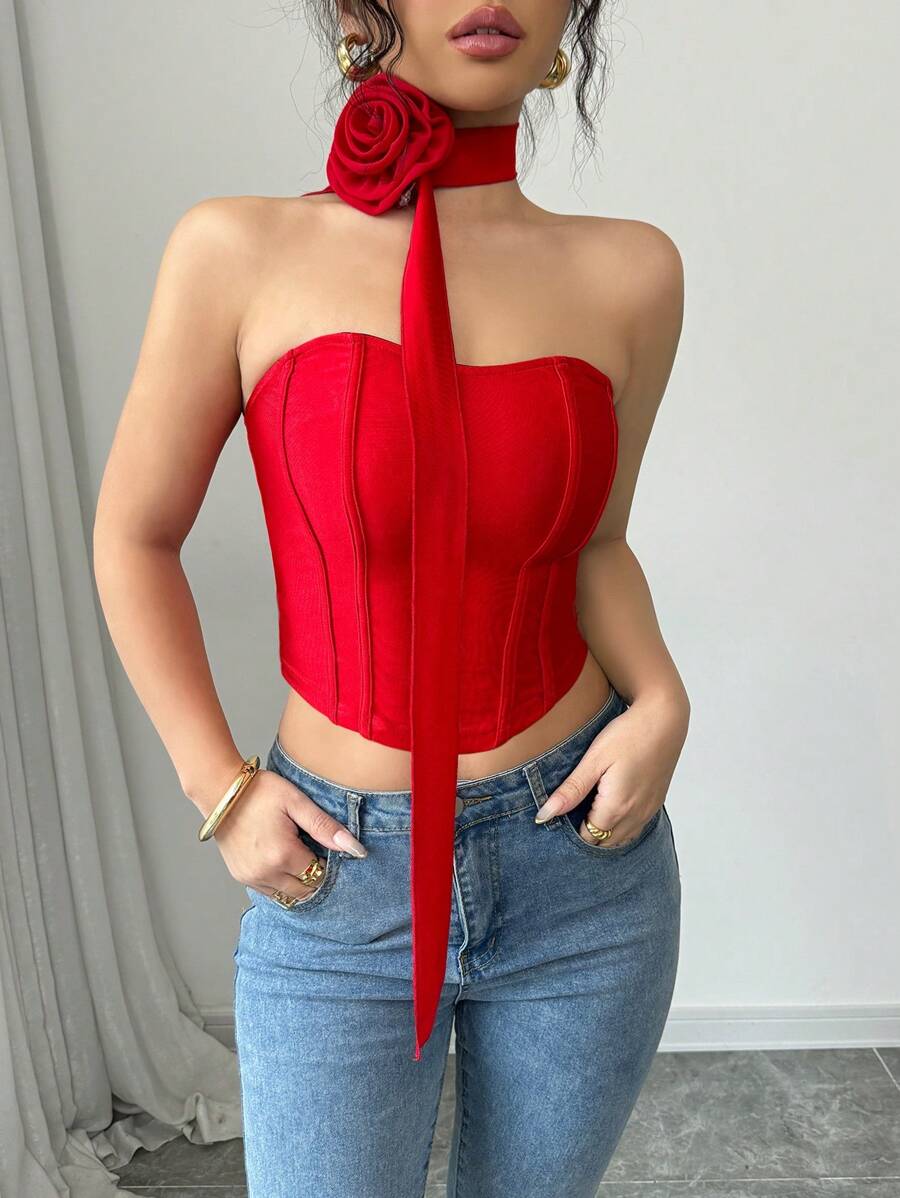 Selianne 玫瑰花卉图案露脐上衣，红色，适合情人节、约会和日常穿着。 - 紅色 - 查看 1