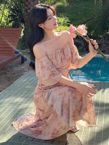 DAZY Vestido midi con estampado floral, mangas largas sin mangas y volantes en el bajo para mujeres
