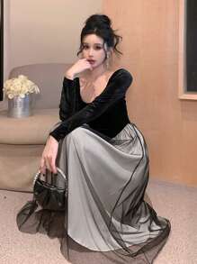 DAZY Lace Patchwork Sweet Heart Collar Long Sleeve Elegant Mid-Length Dress For Women,Fall Dress - Black - View 5