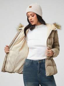 Easelle Women Fur Trim Front Zipper Long Sleeve Pocket Casual Hooded Winter Coat