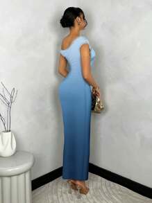 SHEIN BAE 休闲渐变色图案女式不对称荷叶边不对称领口紧身连衣裙，春夏 - 藍色 - 查看 2