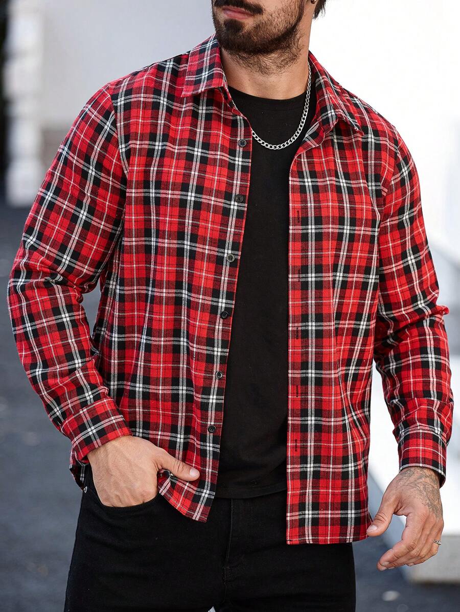 Manfinity Homme 加大码男士长袖格子休闲衬衫，秋季款