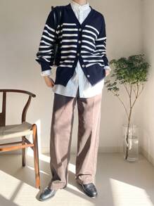 FRIFUL 女士拼色条纹长袖单排扣休闲拼布开衫 - 藏蓝色 - 查看 2